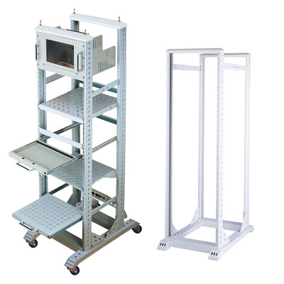 19" steel open frame rack with two frames for telecom appliance
